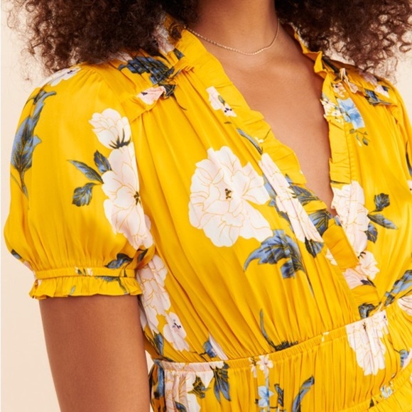 ANTHROPOLOGIE Current Air Marigold V Neck Japanese Floral Canary Midi Dress - Picture 4 of 10